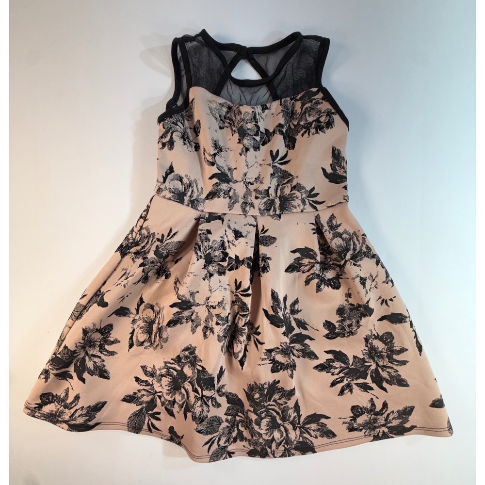 Poppies and Roses Girls Floral Mesh Cutout Back Dress Pink Black Size 8